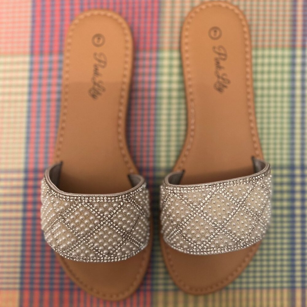 Women's Pink Lily Embellished Slide - Pearl & Rhinestone Strap - Size 7